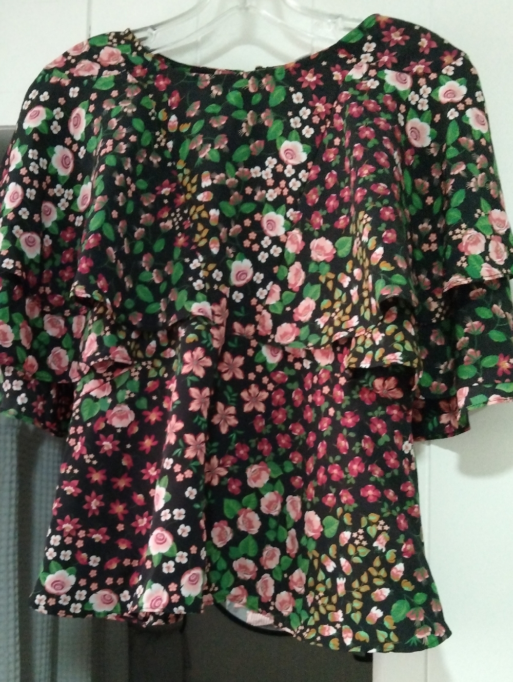 Topshop Black Floral Ruffle Blouse with Pink and Green Accents
